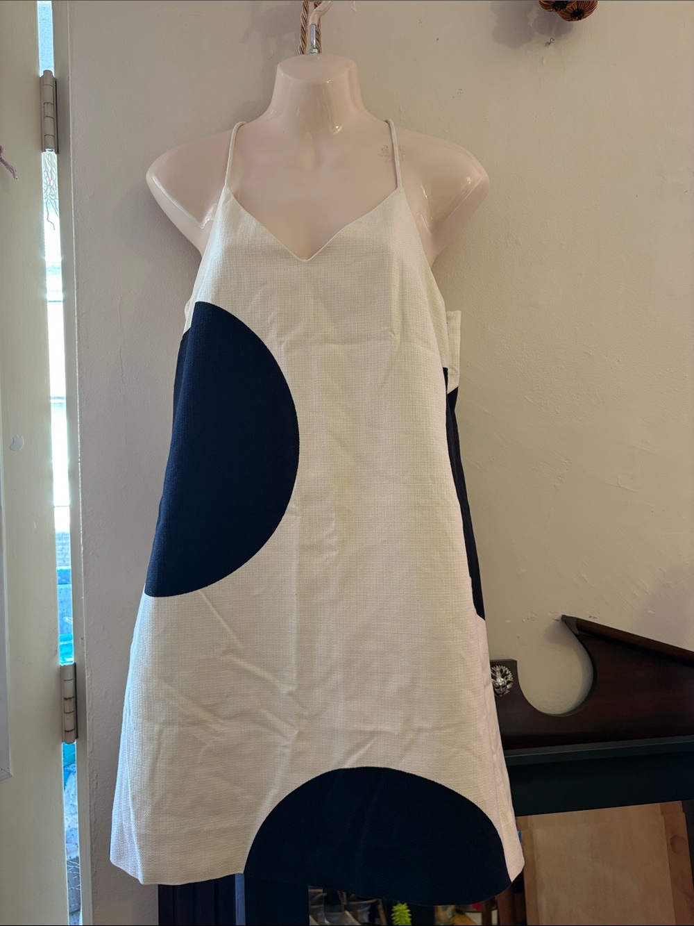 J. Crew Cream Midi Dress with Navy Circle Accents